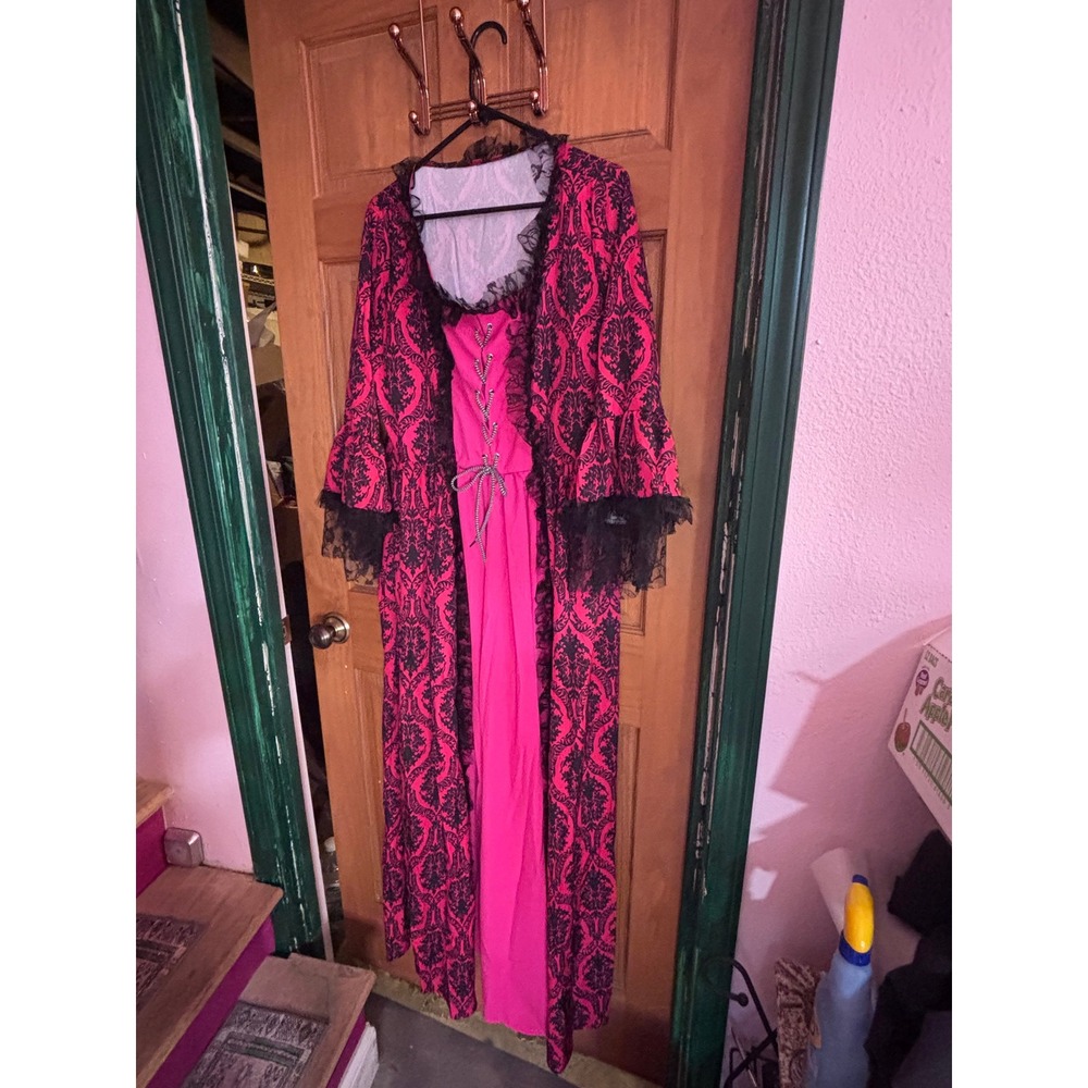 Victorian Goth Pink Black Damask Lace Trim Maxi Dress XXL fits XL